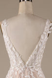 Champagne V-Neck Backless Tulle Wedding Dress with Lace