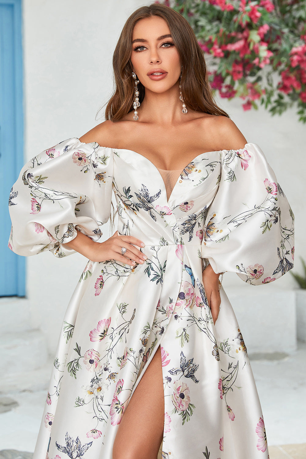 Ivory Floral Satin Chapel Train Wedding Dress