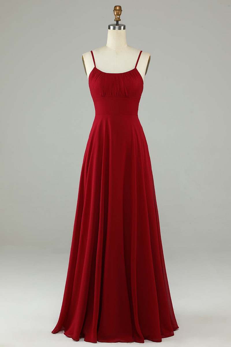 A Line Spaghetti Straps Burgundy Long Bridesmaid Dress