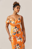 Trendy Mermaid One Shoulder Printed Orange Flower Bridesmaid Dress