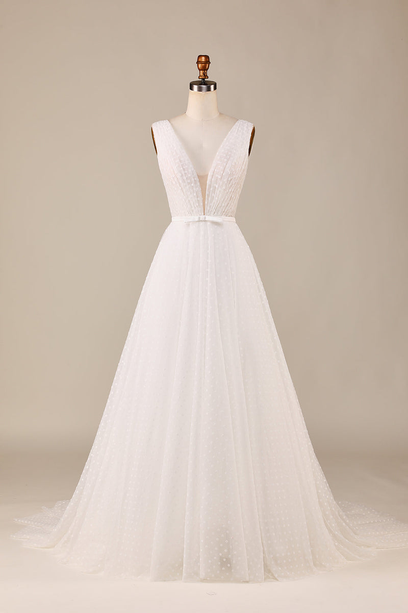 Zapaka Women Ivory Detachable Watteau Train Tulle Wedding Dress V-Neck  Polka Dots Bridal Dress – ZAPAKA AU
