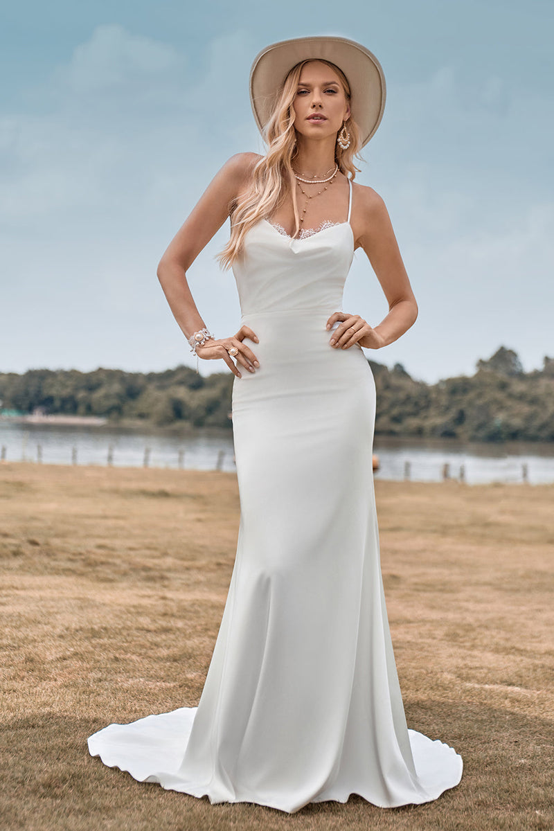 Simple Spaghetti Straps White Bridal Dress with Criss Cross Back