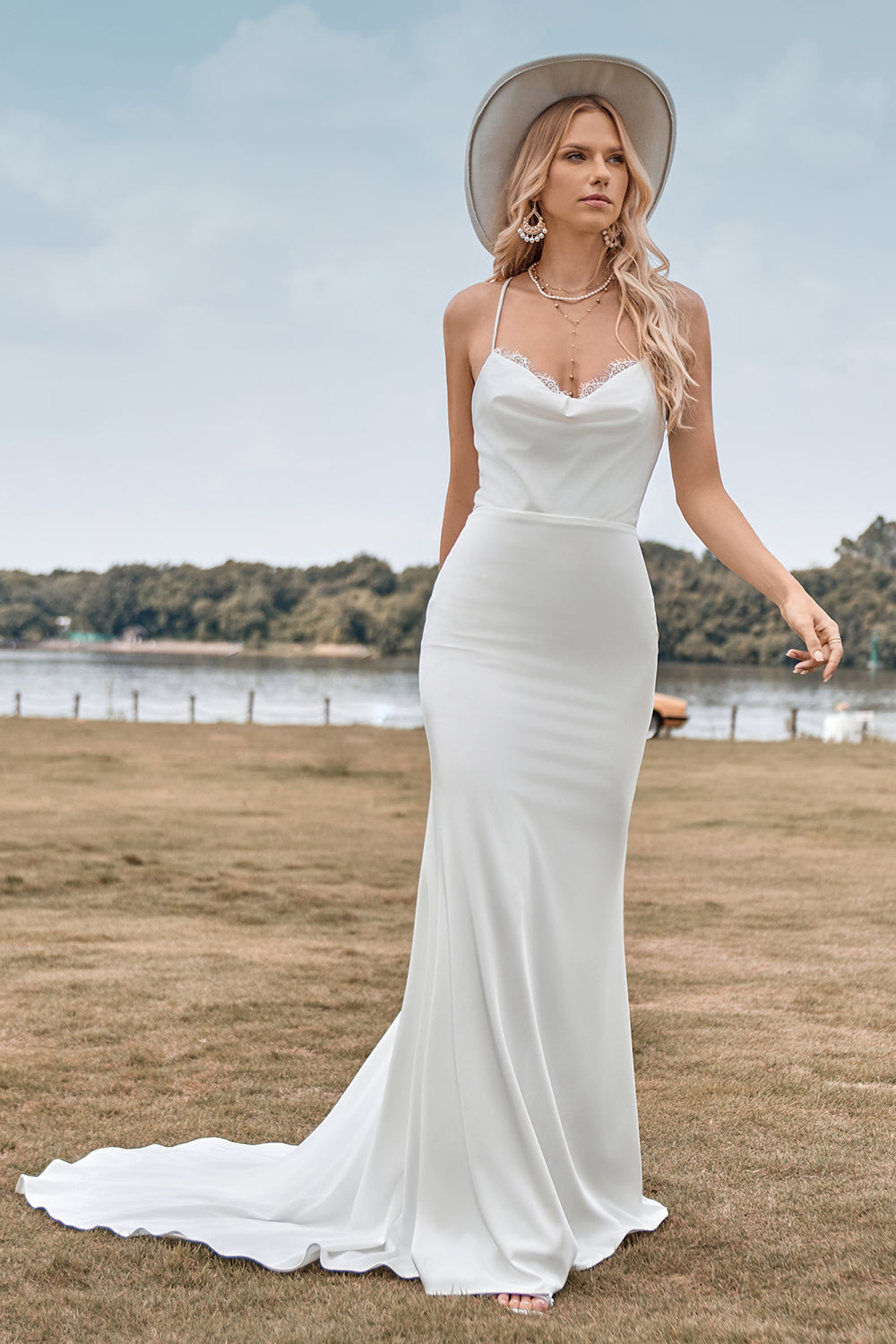 Simple Spaghetti Straps White Bridal Dress with Criss Cross Back