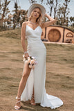 Ivory Boho Satin Simple Mermaid Wedding Dress with Slit