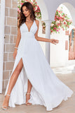 Ivory A-Line Halter Sweep Train Wedding Dress with Slit