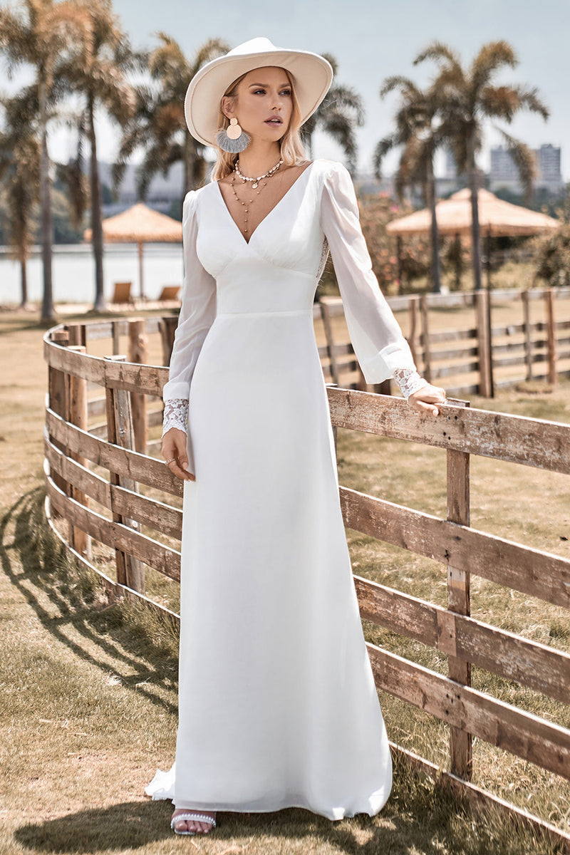 Zapaka Women Ivory Boho Simple Sheath Long Sleeves Wedding Dress