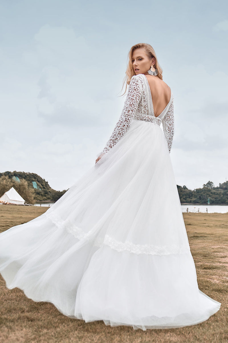 Lace Long Sleeves Deep V neck Boho Wedding Dress with Backless