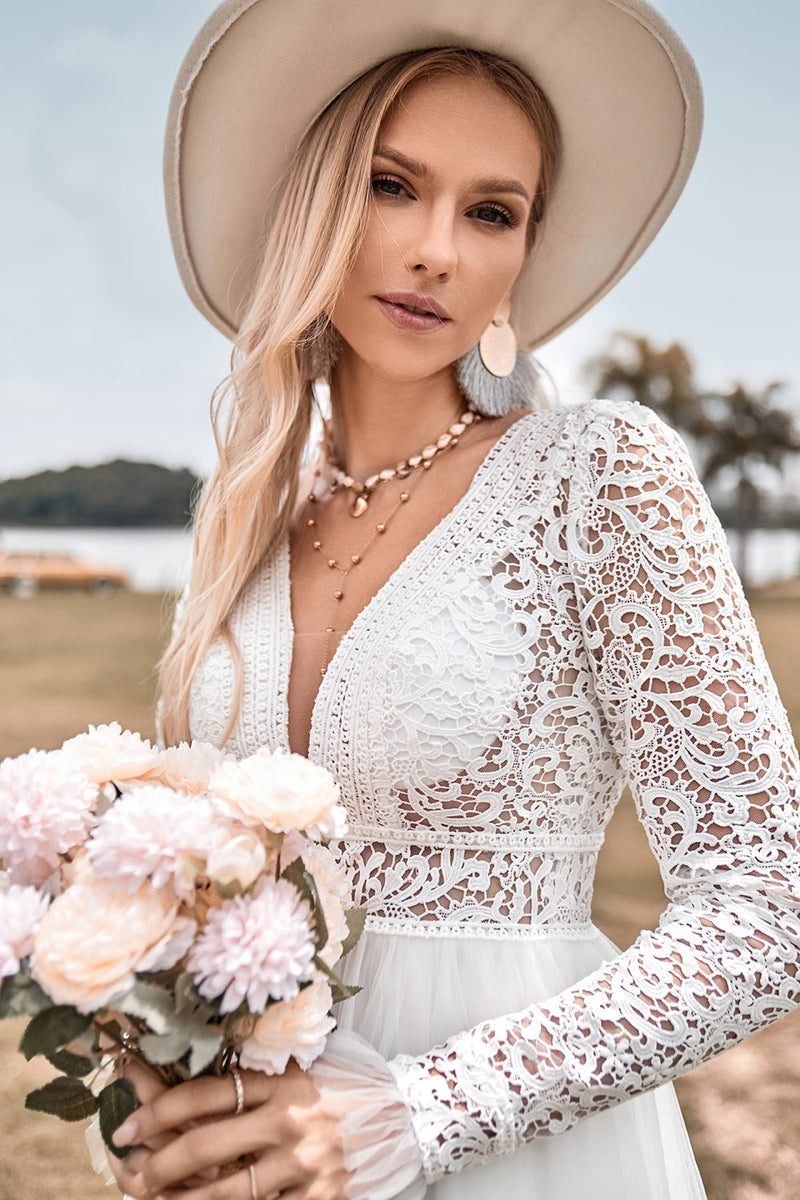 Lace Long Sleeves Deep V neck Boho Wedding Dress with Backless