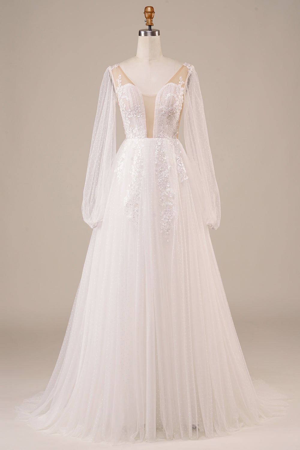 Long Sleeves Open Back Ivory Wedding Dress with Appliques