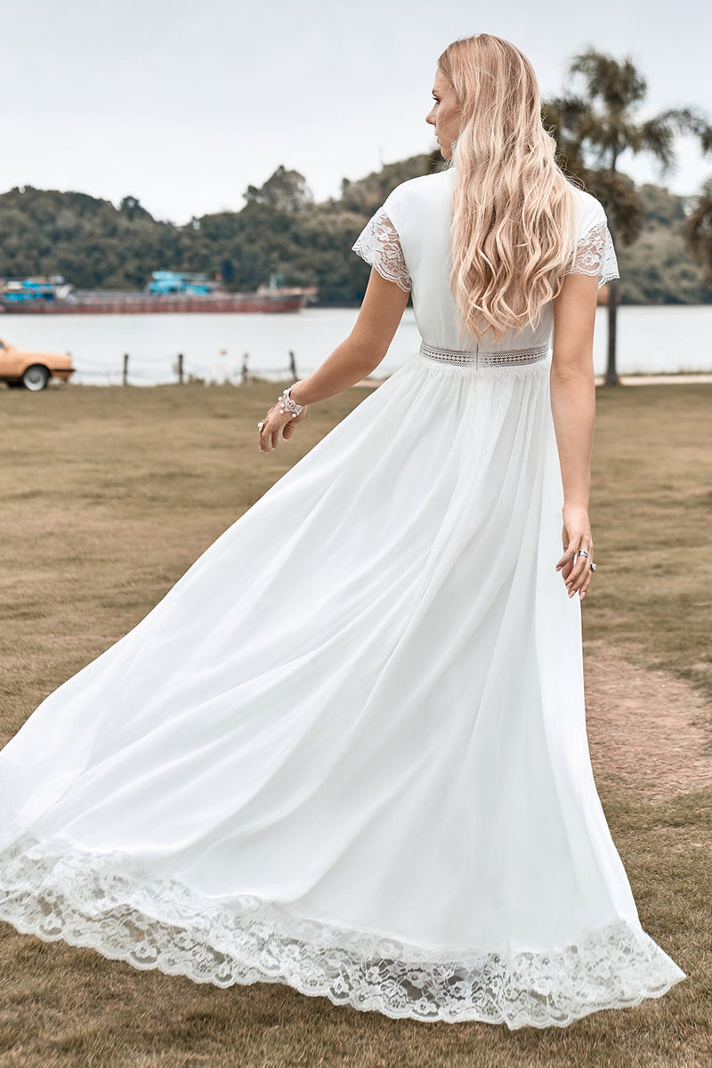 Deep V neck Simple Boho Wedding Dress with Slit