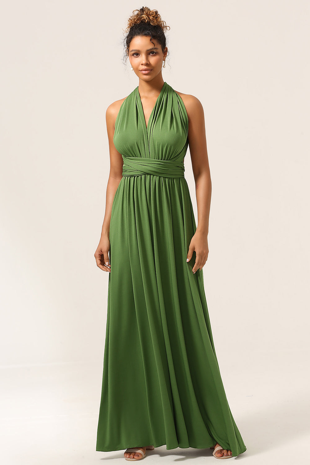 Charming A Line Olive Green Spandex Convertible Wear Long Bridesmaid Dress
