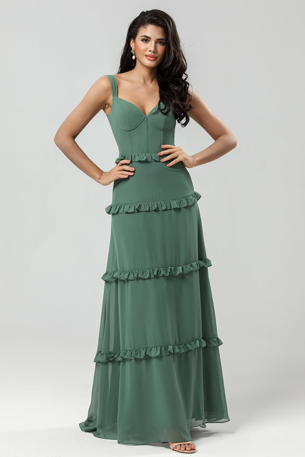 A Line Off the Shoulder Eucalyptus Long Bridesmaid Dress