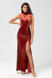 Mermaid High Neck Terracotta Velvet Long Bridesmaid Dress
