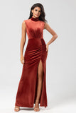 Mermaid High Neck Terracotta Velvet Long Bridesmaid Dress