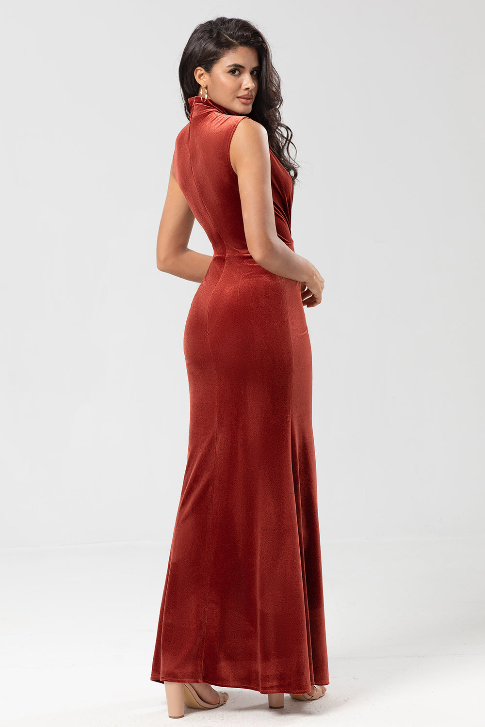 Mermaid High Neck Terracotta Velvet Long Bridesmaid Dress