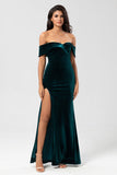 Mermaid Off the Shoulder Peacock Green Velvet Bridesmaid Dress