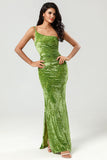 Mermaid One Shoulder Olive Velvet Bridesmaid Dress