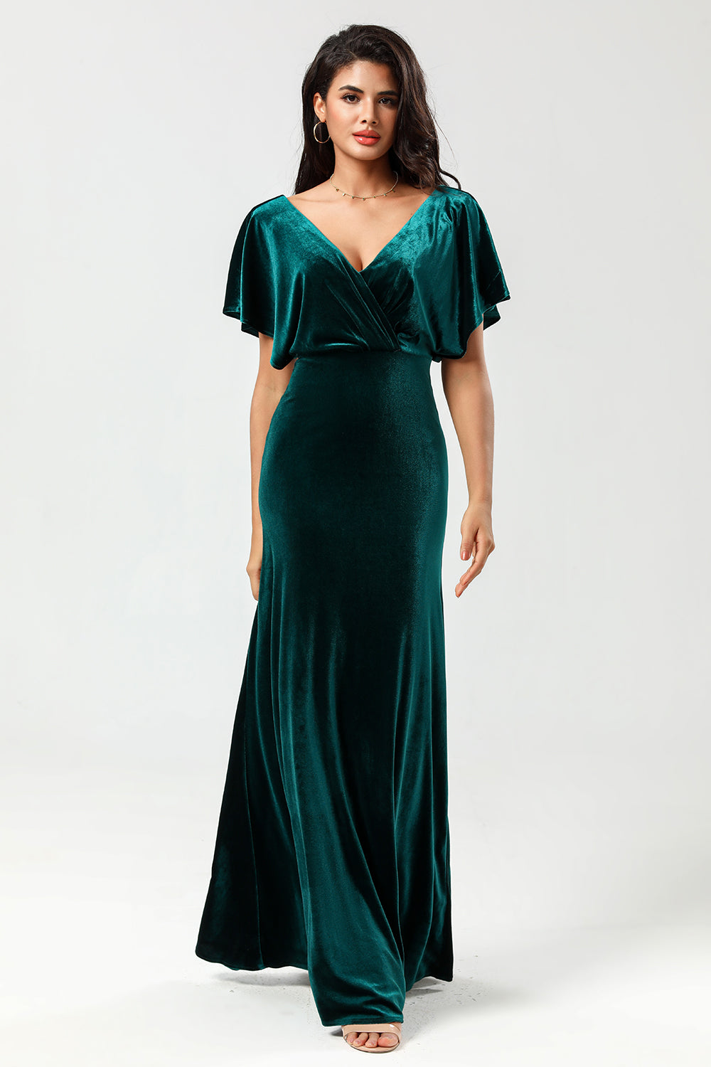 A Line V-Neck Peacock Velvet Bridesmaid Dress with Ruffles