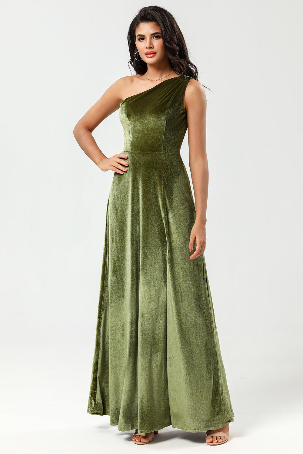 One Shoulder A Line Velvet Green Bridesmaid Dress with Slit