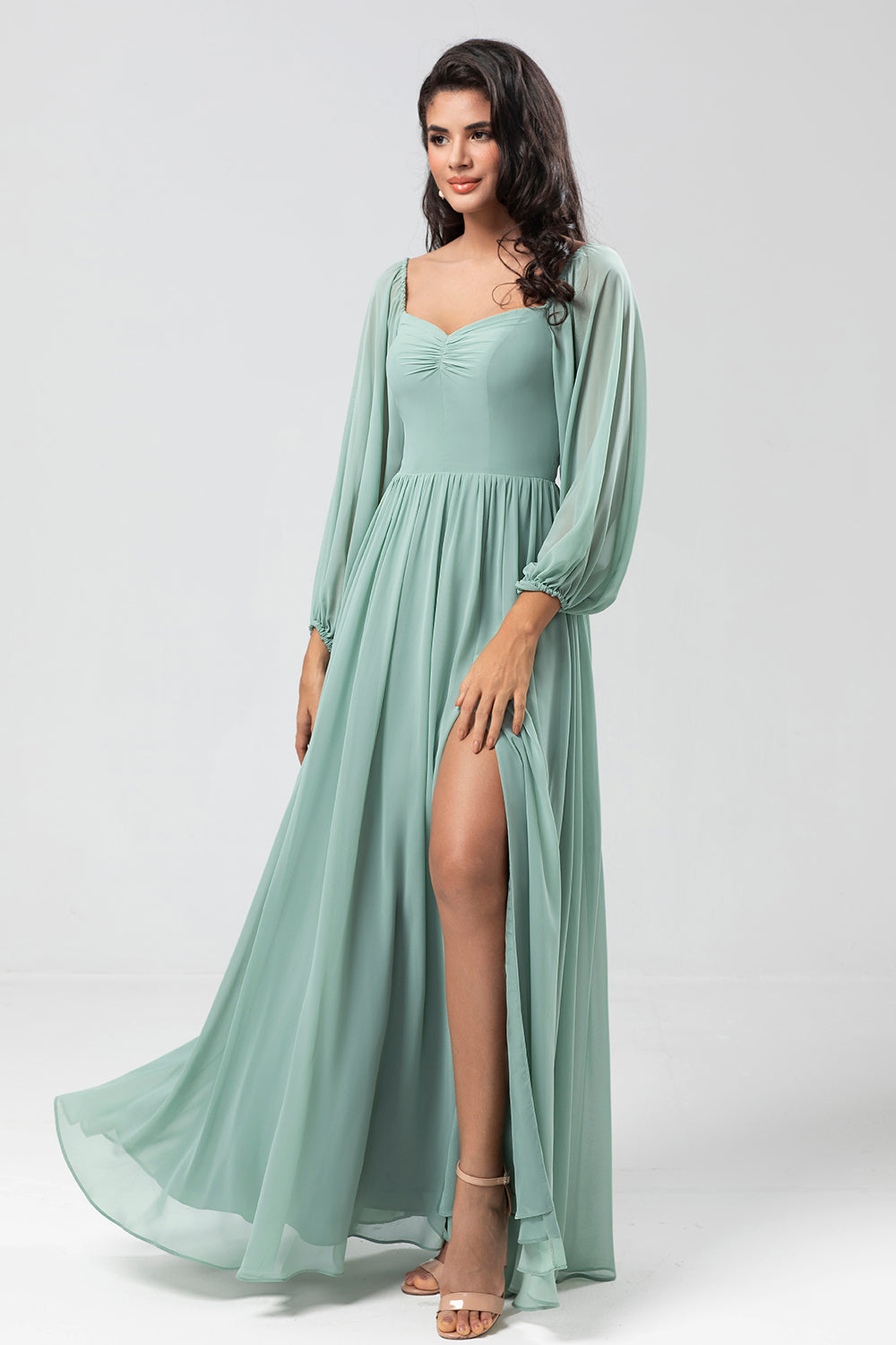 Off the Shoulder Long Sleeves Green Bridemaid Dress with Slit