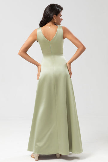 Satin Green Bridesmaid Dress with Pleats