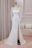 Ivory Trumpet Sweep Train Long Sleeves Bridal Dress with 3D Appliques