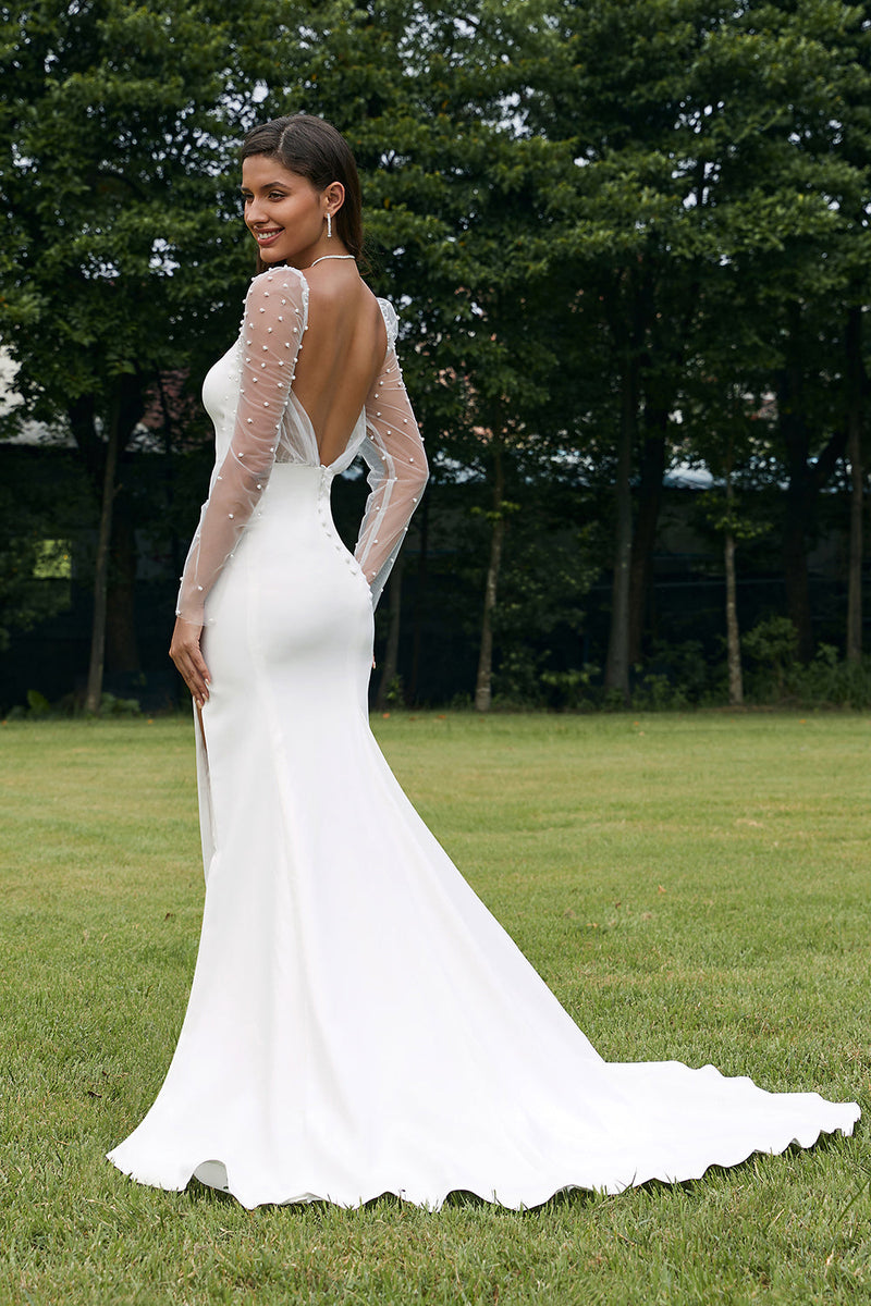 Zapaka Women Ivory Backless Mermaid Wedding Dress with Slit