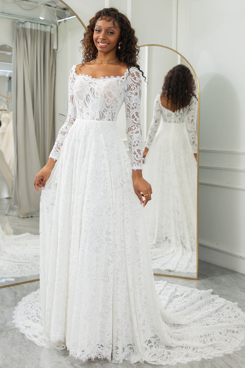 Zapaka Women Ivory Lace Wedding Dress with Sleeves A Line Scoop