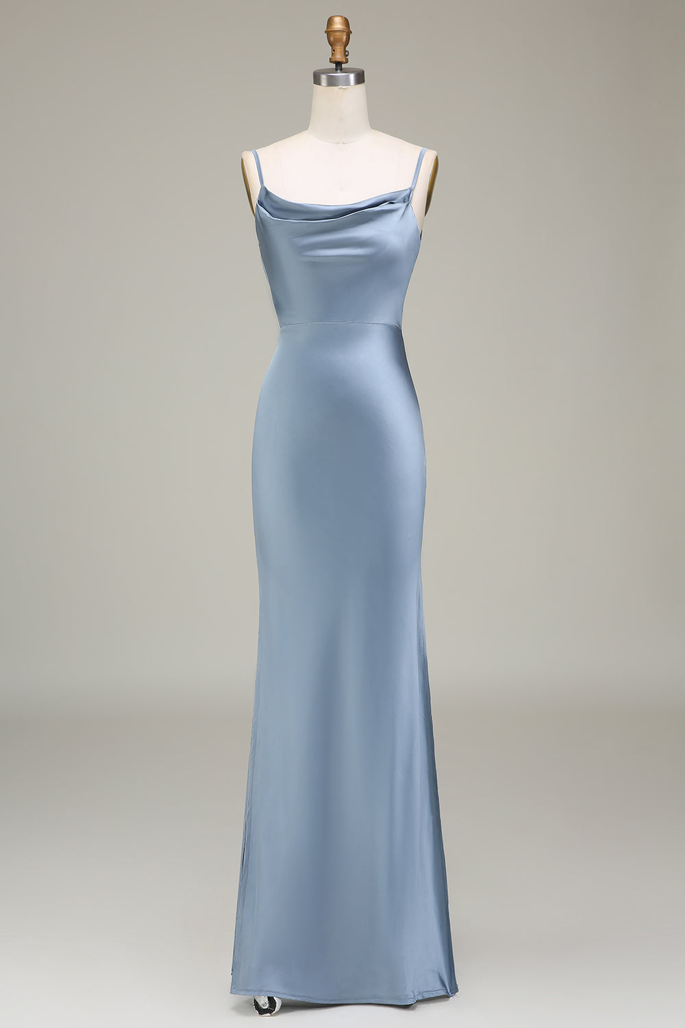 ZAPAKA Women Dusty Blue Satin Long Bridesmaid Dress Sheath Spaghetti Straps Wedding Guest Dress