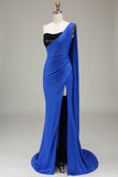 Royal Blue One Shoulder Satin and Sequin Mermaid Pleated Formal Dress with Slit