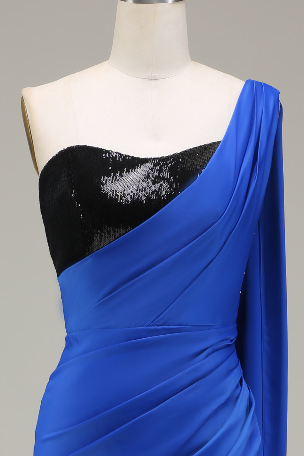 Royal Blue One Shoulder Satin and Sequin Mermaid Pleated Formal Dress with Slit