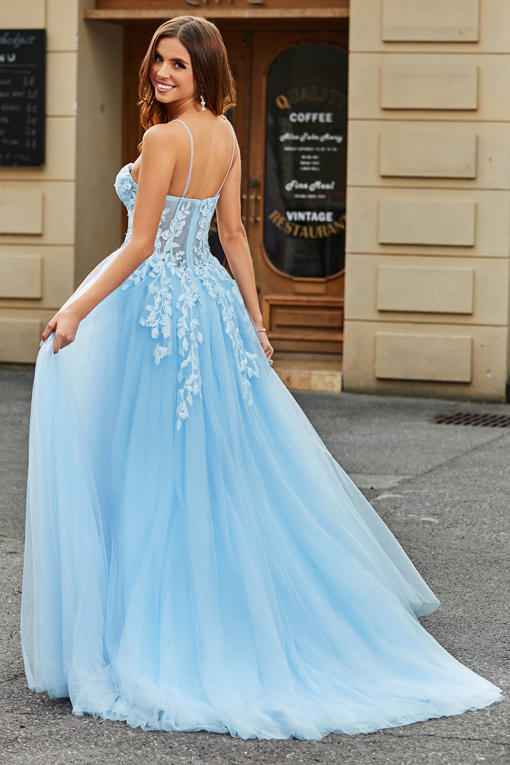 Tulle A-Line Spaghetti Straps Sky Blue Long Corset Formal Dress with Appliques