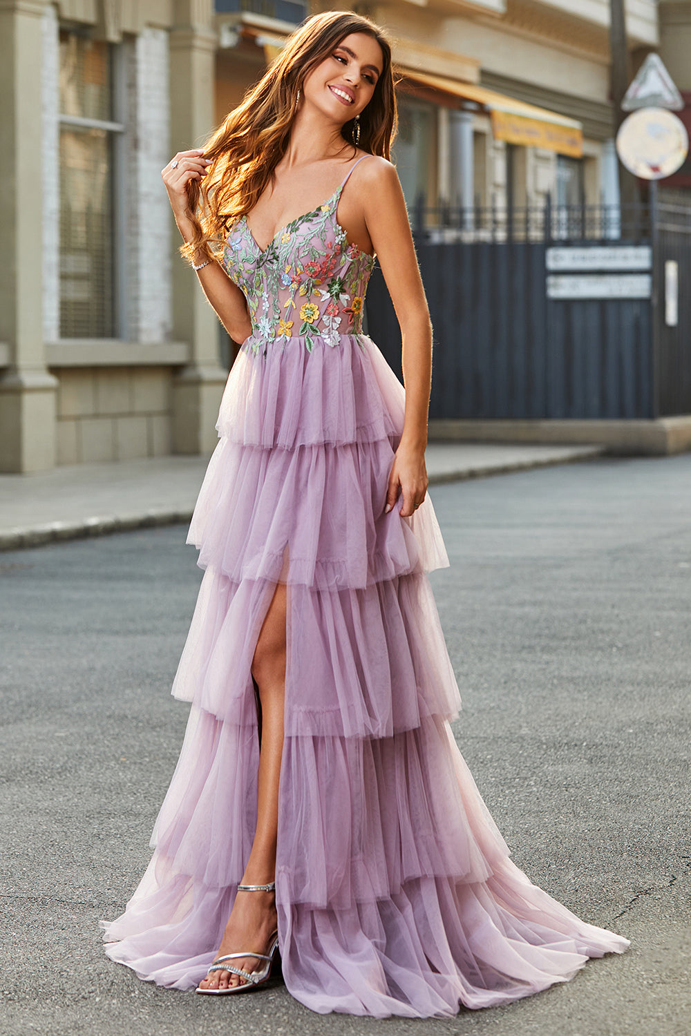A-Line Tulle Long Corset Tiered Mauve Formal Dress With Appliques