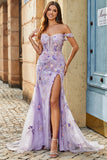 Mauve Off The Shoulder Split Front Long Mermaid Formal Dress With Appliques