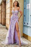 Mauve Off The Shoulder Split Front Long Mermaid Formal Dress With Appliques