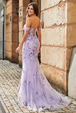 Mauve Off The Shoulder Split Front Long Mermaid Formal Dress With Appliques