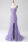 Mermaid Lace-Up Back Lilac Sequins Formal Dress with Slit
