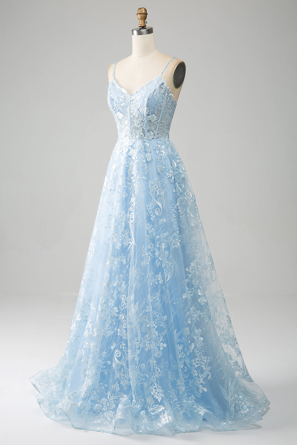 Sky Blue A-Line Spaghetti Straps Lace Long Corset Formal Dress