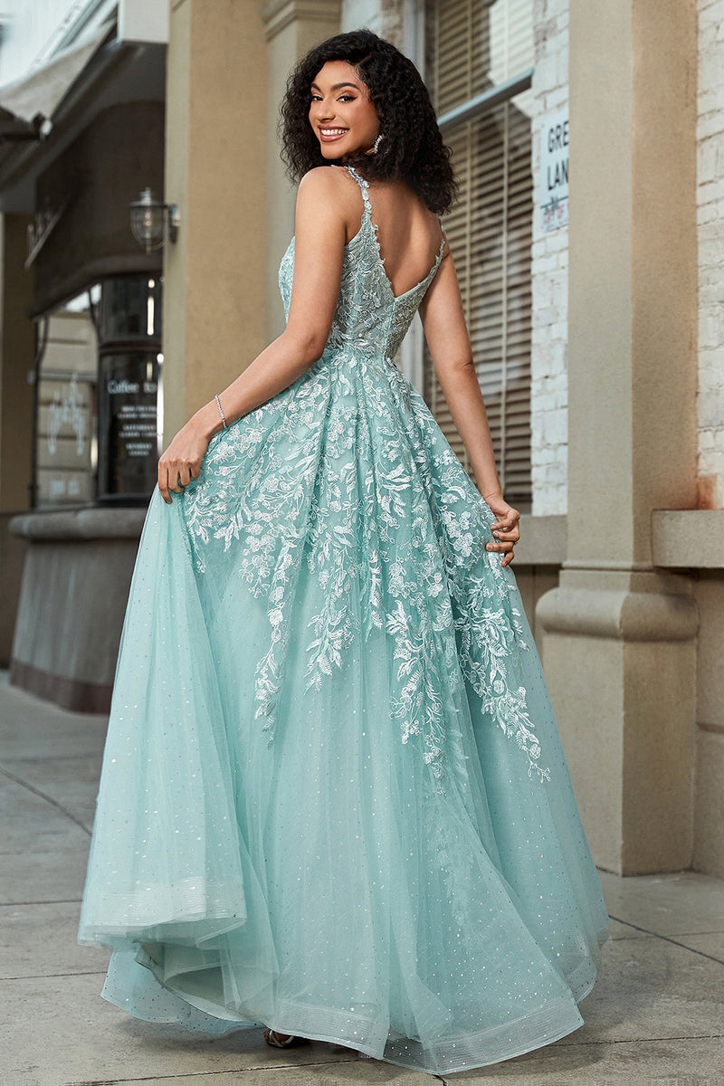 Zapaka Women Glitter Mint A Line Tulle Long Formal Dress with Lace