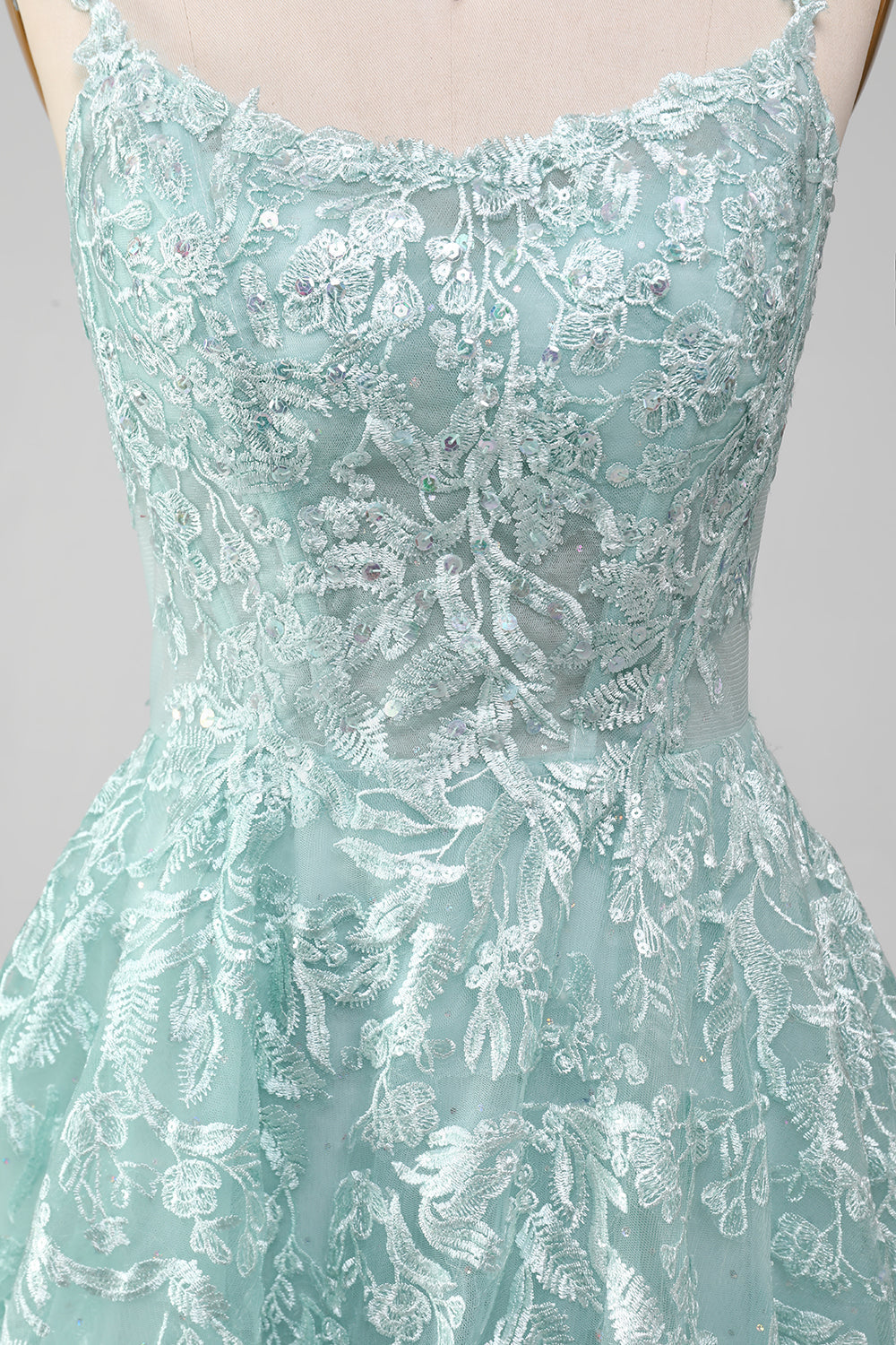 Glitter Mint A-Line Tulle Long Formal Dress with Lace