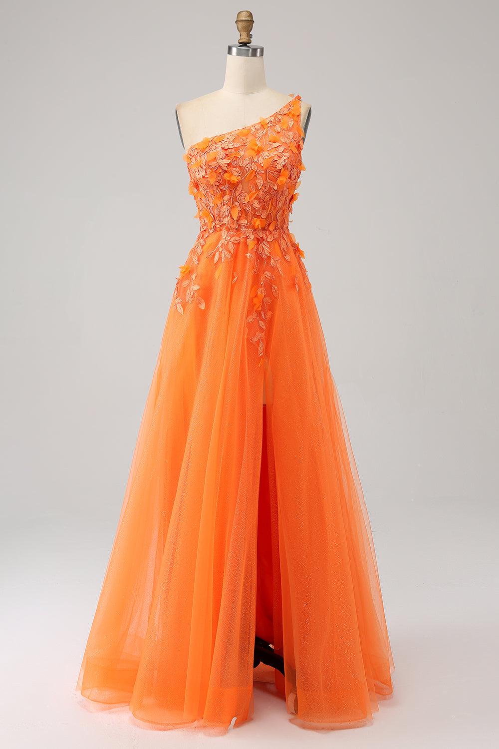 Orange One Shoulder A-Line Tulle Long Formal Dress with Appliques