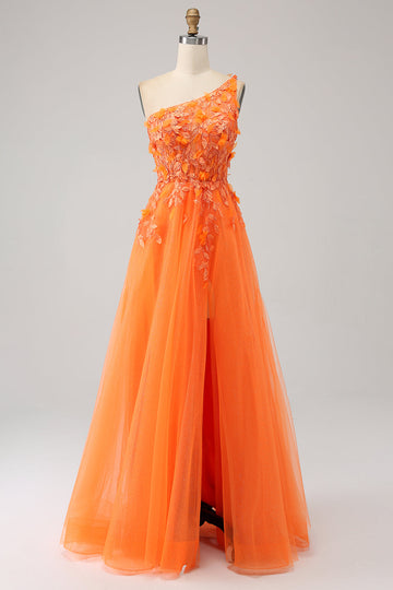 Orange One Shoulder A-Line Tulle Long Formal Dress with Appliques