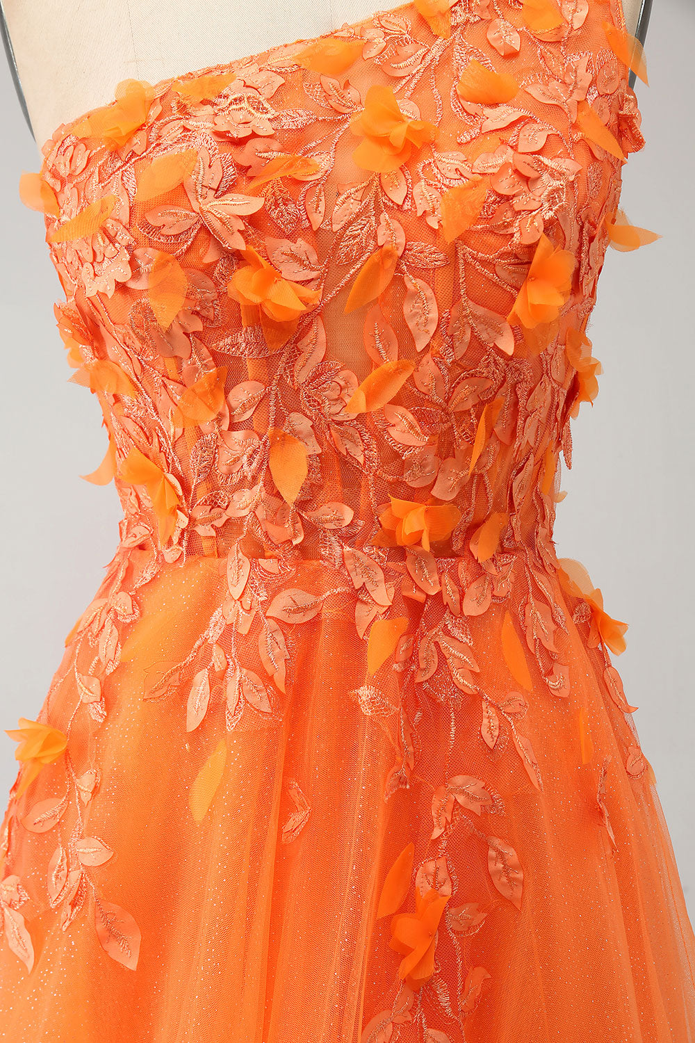 Orange One Shoulder A-Line Tulle Long Formal Dress with Appliques