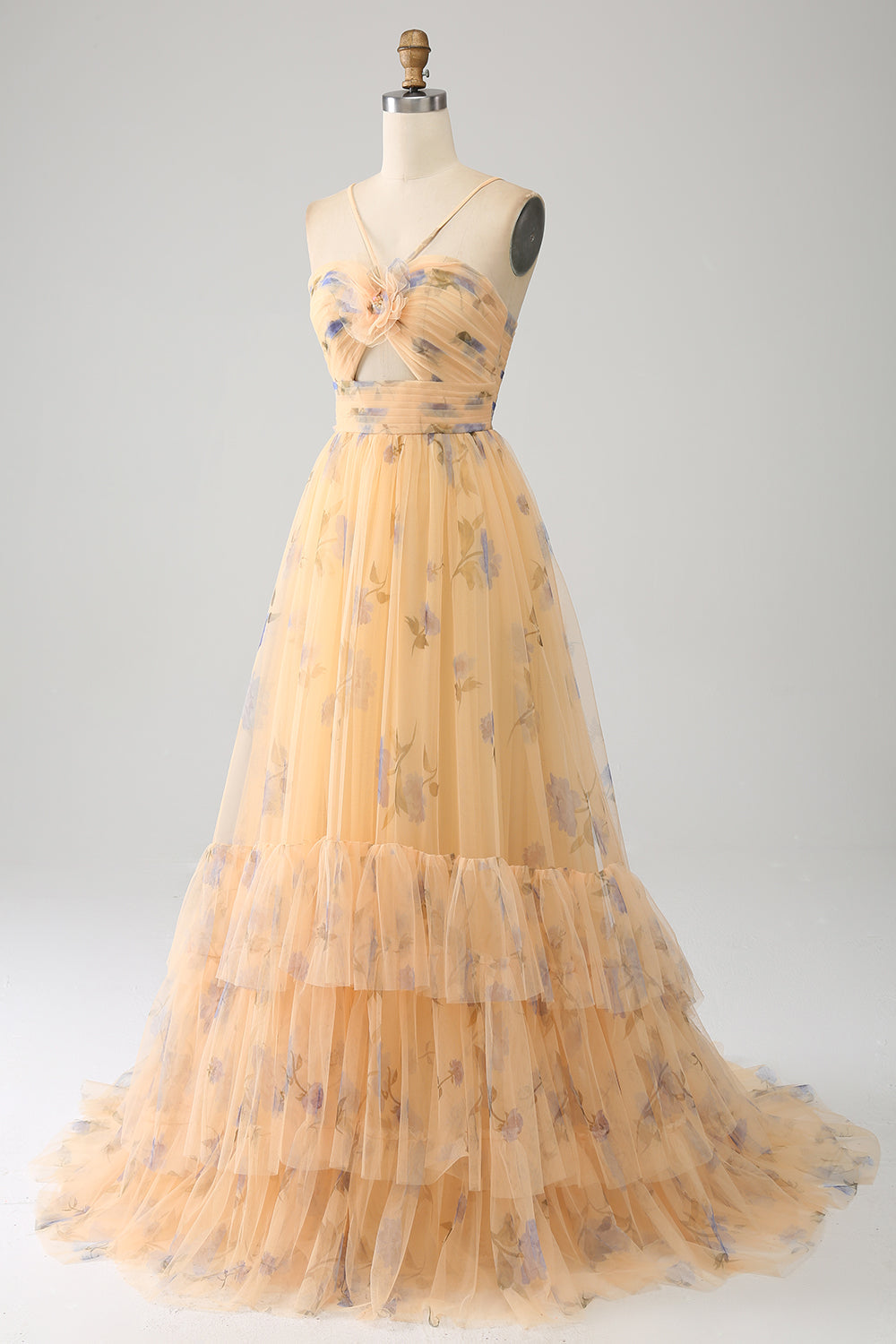 Yellow A-Line Halter Pleated Tulle Tiered Formal Dress With Embroidery