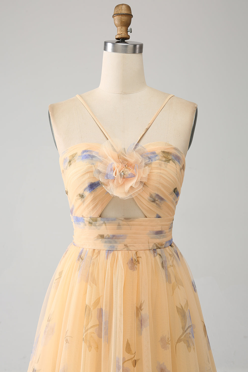 Yellow A-Line Halter Pleated Tulle Tiered Formal Dress With Embroidery