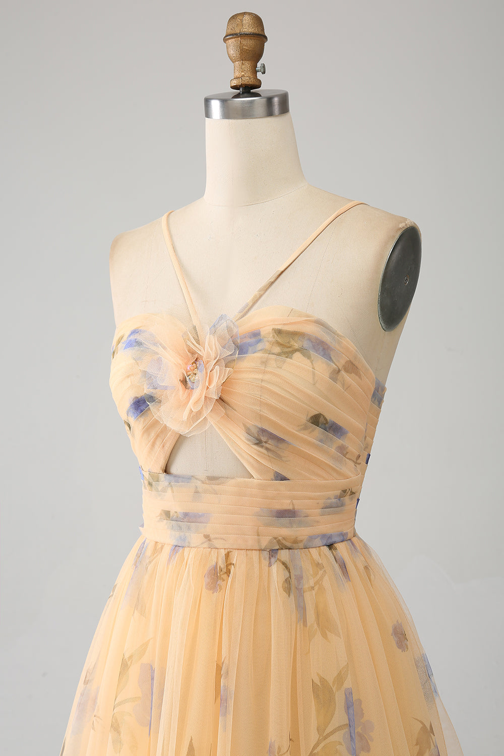Yellow A-Line Halter Pleated Tulle Tiered Formal Dress With Embroidery