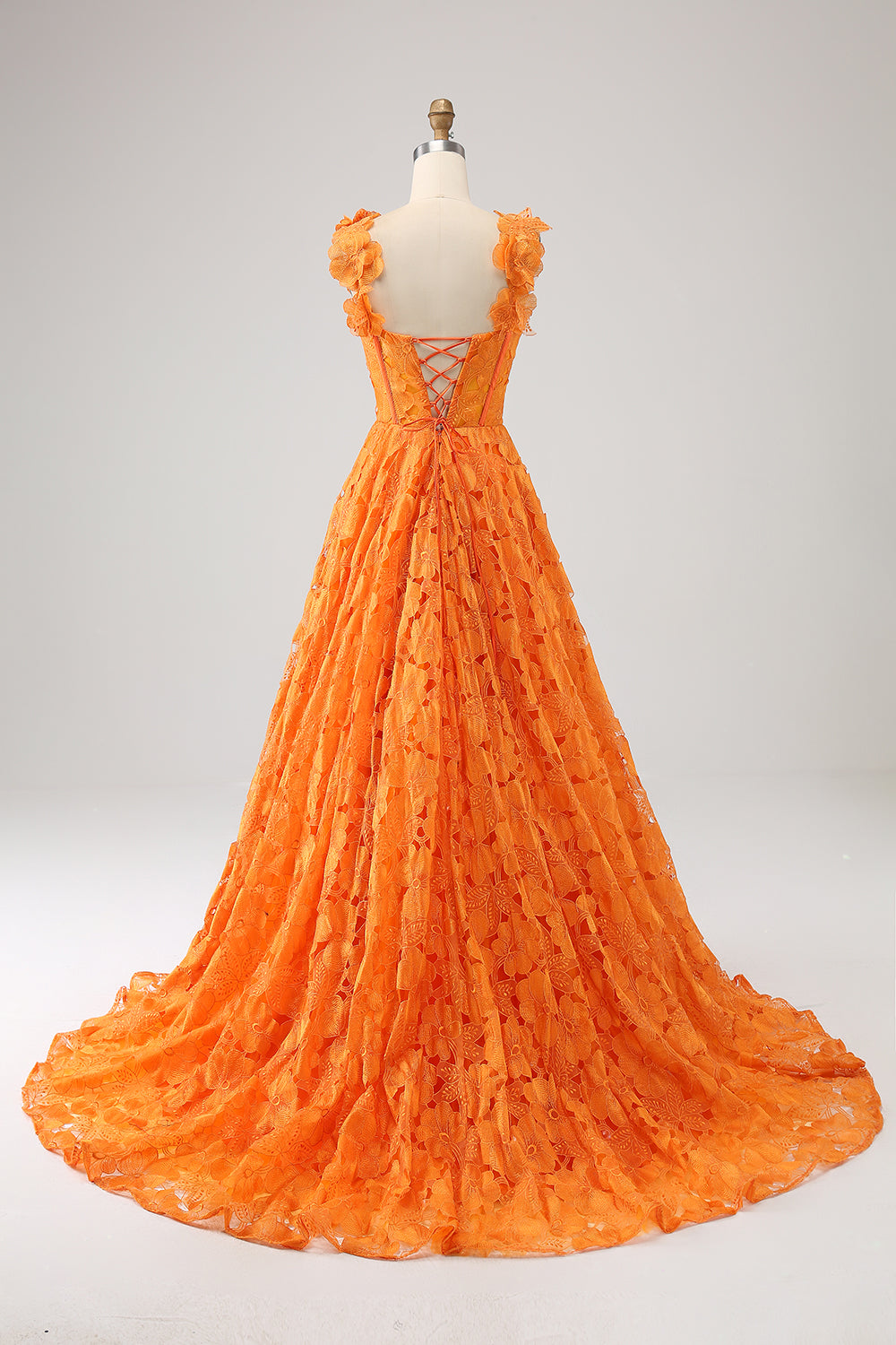 Orange A-Line Floral Lace Long Formal Dress