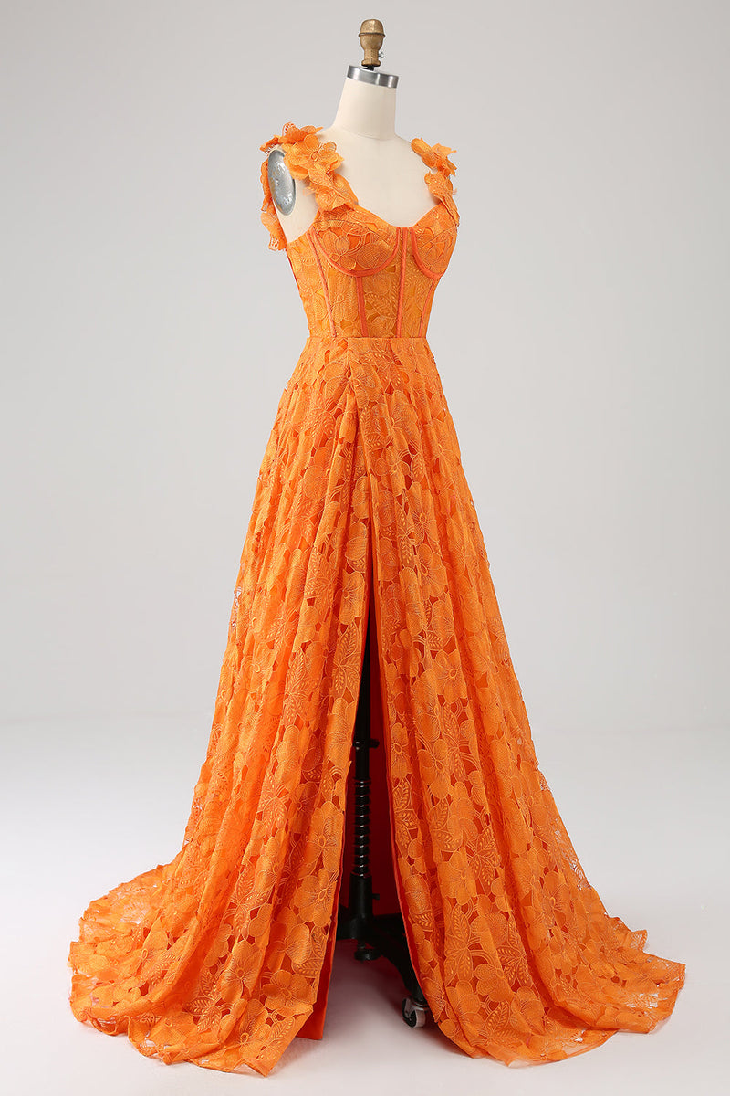 Zapaka Women Orange Lace Long Formal Dress A Line Floral Scoop