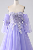 Lavender A-Line Strapless Tulle Long Formal Dress with Sleeves