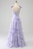 Lilac Corset Floral A-Line Long Formal Dress